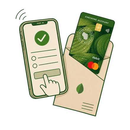 A phone showing an approved account application beside a new debit card